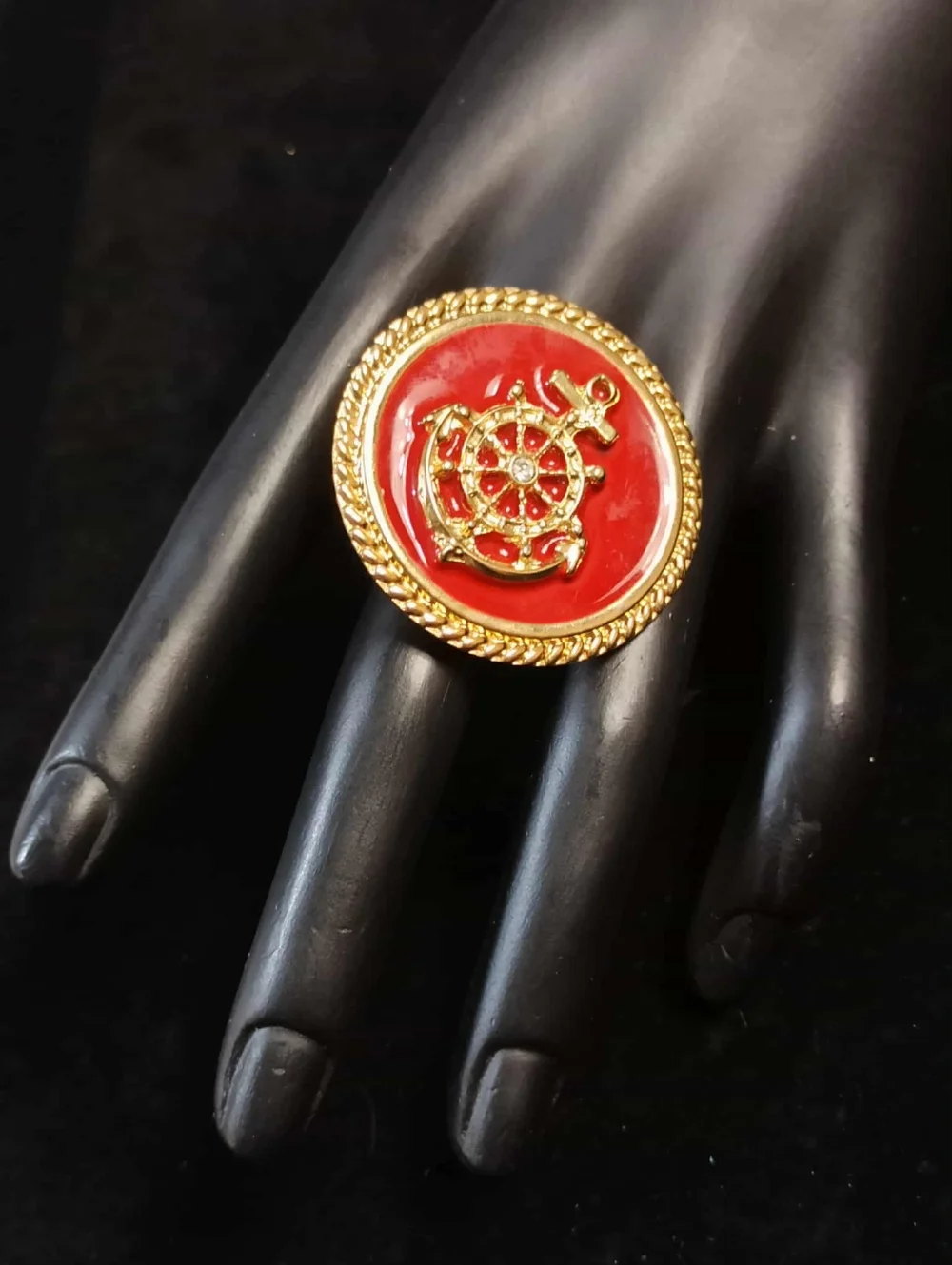 Vintage 80’s Nautical Ship Wheel Red Enamel Gold Tone Statement Ring Adjustable